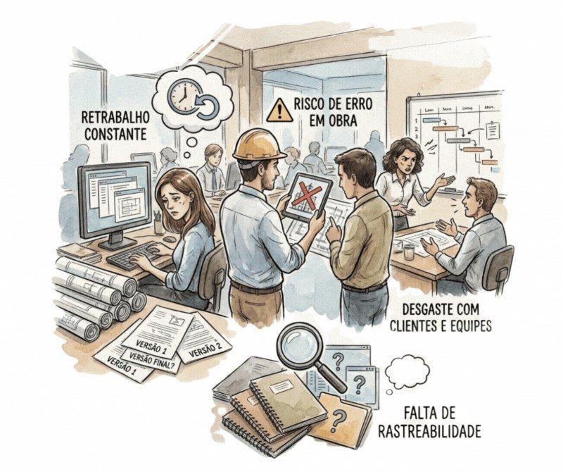 Ilustração dos desafios de retrabalho, versões dispersas e falta de rastreabilidade