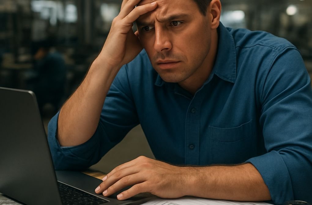 Escritório de engenharia desorganizado com pilhas de papéis, notificações de WhatsApp e e-mail acumuladas, representando o risco técnico e a falta de rastreabilidade em projetos.