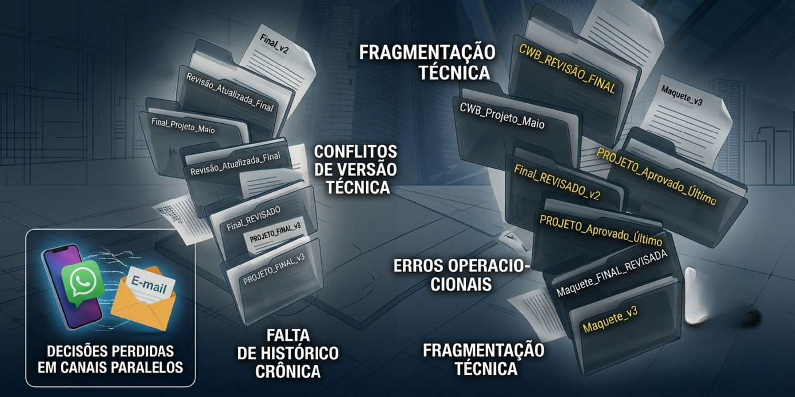 Infográfico técnico Projaxis ilustrando o 'Caos Operacional' de pastas e revisões bagunçadas (ex: Final_v2, Revisão_Atualizada_Final, Final_REVISADO, CWB_Projeto_Maio), com ícones desarticulados de WhatsApp e e-mail e textos 'DECISÕES PERDIDAS EM CANAIS PARALELOS' e 'FALTA DE HISTÓRICO CRÔNICA